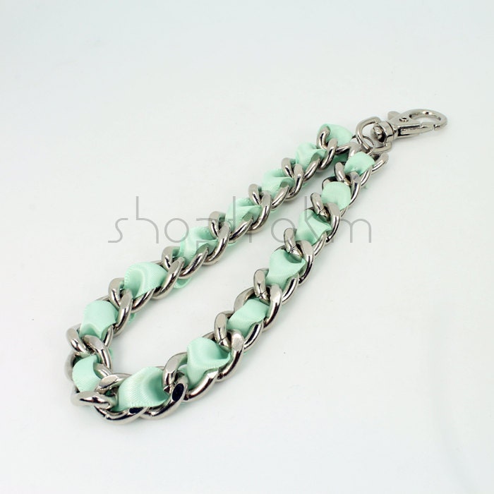 Silver and mint satin ribbon weaved chain wristlet wrist chain lanyard
