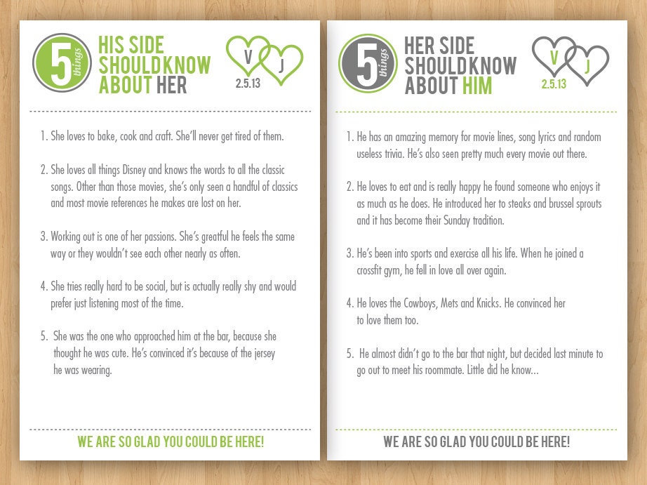 Gray & Green DIY Printable Wedding His and Her Fun Facts