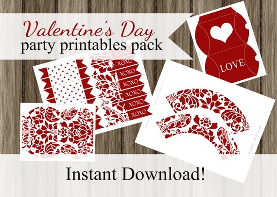 Valentine's Day Party Printables cupcake wrappers INSTANT DOWNLOAD DIY decor treat boxes straw flags wraps Red Damask Il_570xn