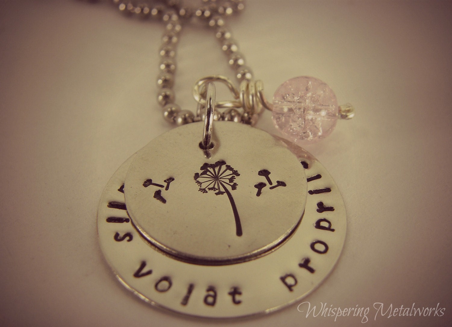 Alis Volat  Propriis hand stamped metal necklace  with pink bead