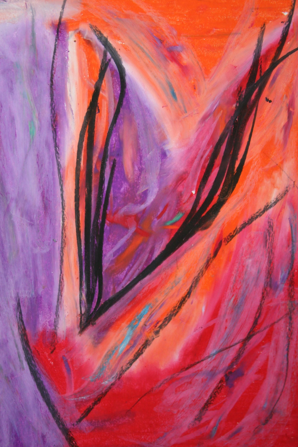 Daze Purple Red Orange Oil Pastel Drawing Modern Art Abstract Art Expressionism For the Home Decor Abstract Drawing