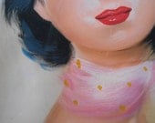 Mid Century 1950s Portrait Young Woman Pink Scarf Original Signed