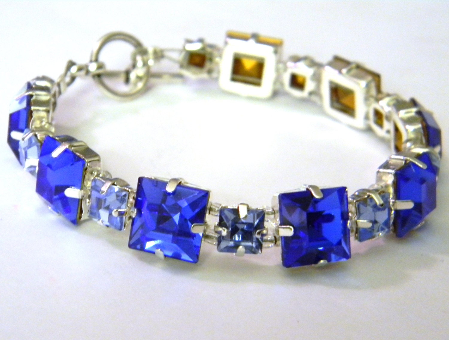 Bright Blue Square Swarovski Crystal Bracelet - Cobalt and Light Blue - Handmade - Elegant - Slider Bead Jewelry - Gift Under 35, 50, 100