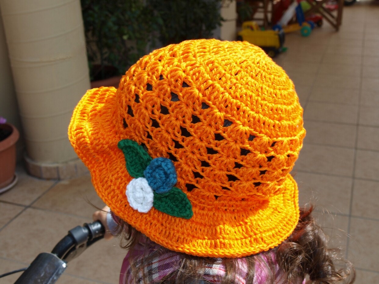 Girls crochet summer hat, cotton orange hat, handmade by Elenis 4you, spring flower hat, cute hat, made to order