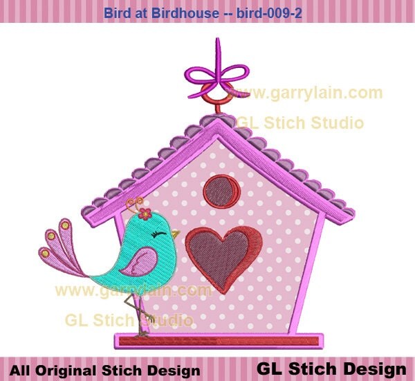 Bird At Birdhouse Embroidery Applique Design By GLStitchStudio