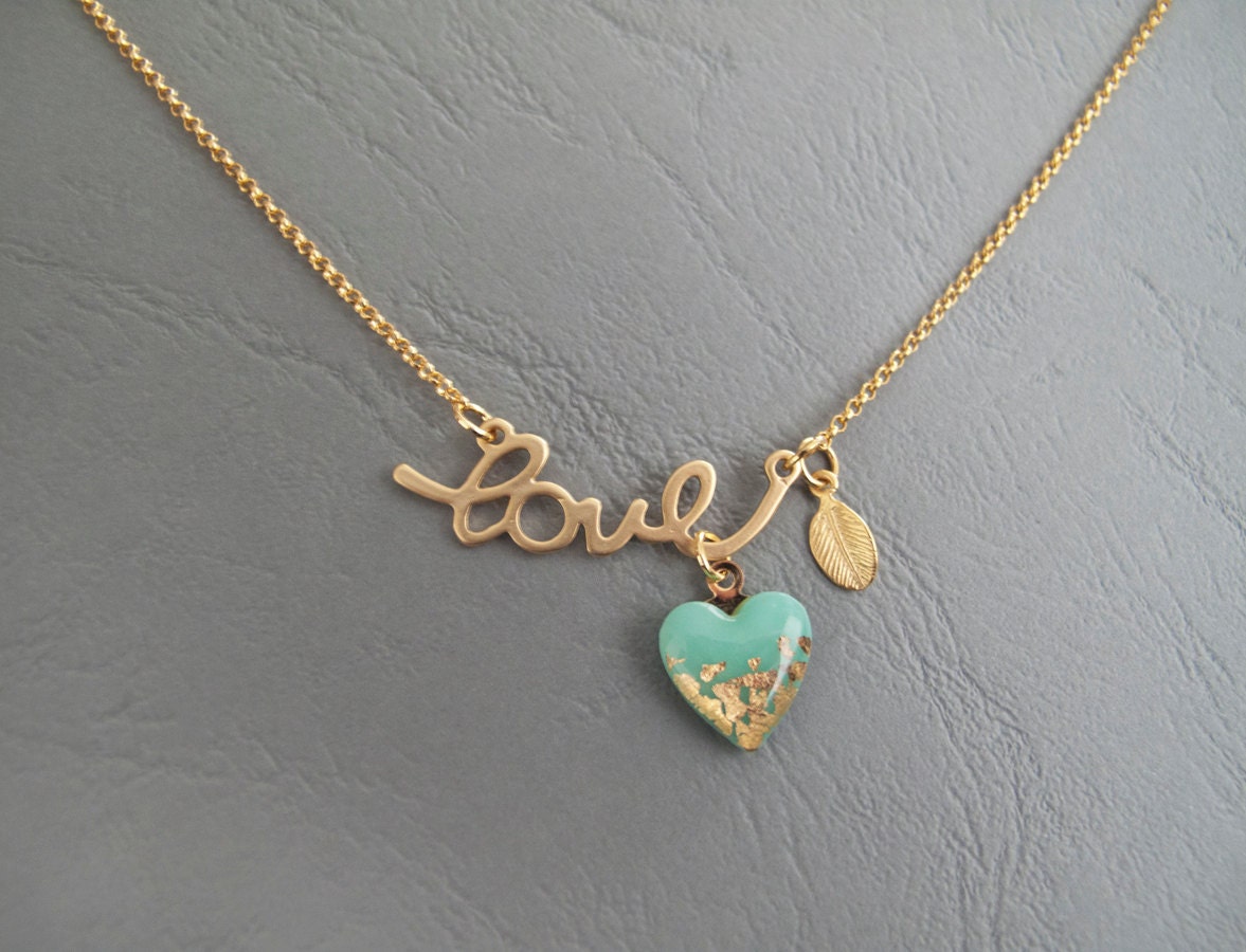 Love Heart Necklace -  Gold Mint Necklace - LaLiLaJewelry