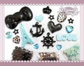 Black & Blue Kawaii Large Bow Anchor Wheel Leopard Bling Decoden Flatback Kit DIY cell phone case Cabochon Deco Set Kit DS688