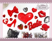 Red & Black Kawaii Large Dazzling Heart  Bling Decoden Flatback Kit DIY cell phone case Cabochon Deco Set Kit with rhinestones DS675