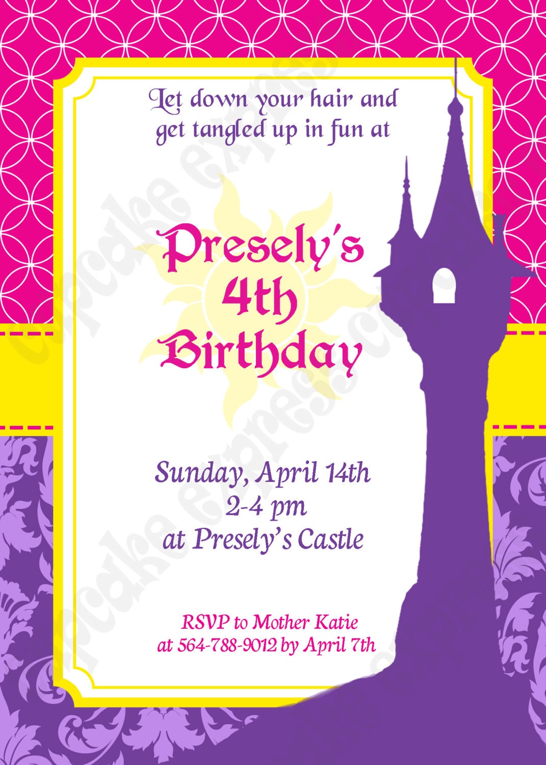 DIY Tangled Inspired PRINTABLE  birthday party Invitation  hot pink purple yellow princess Rapunzel