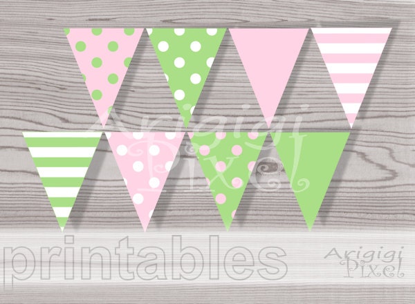 Birthday Party Docorative Banner Pink Green Polka Dot Printable Pennant Flag PDF file DIY Garland Instant Download Il_570xn