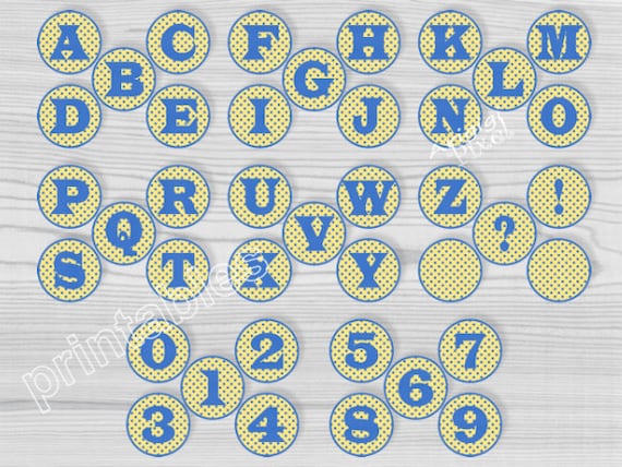 Blue letter in blue yellow polka dot circle alphabet and number party printables PDF file Il_570xn