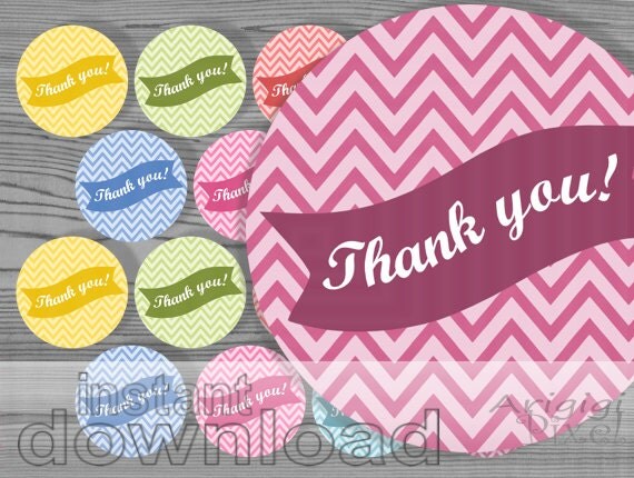 thank you printable circle tag text over bunting chevron backgroung pastel colors 2 in size circle download immediately Il_570xn