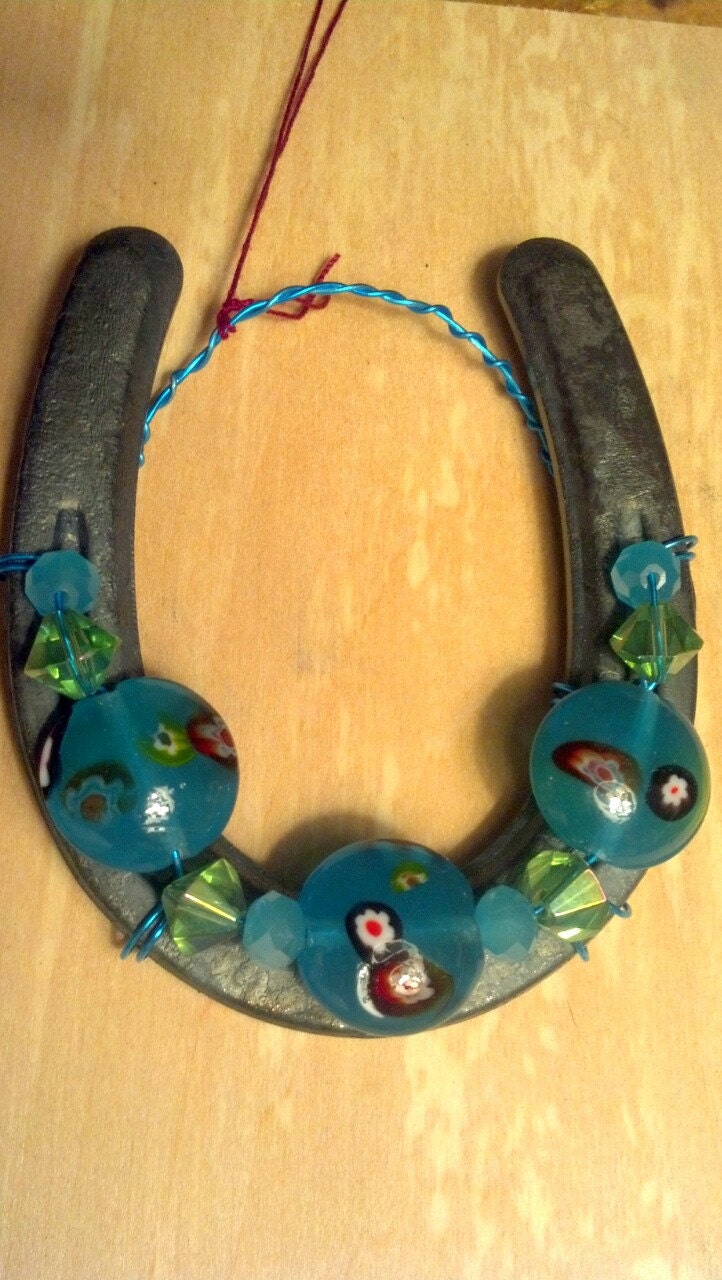 Decorative Turquoise Glass Beaded Horseshoe Made in Colorado