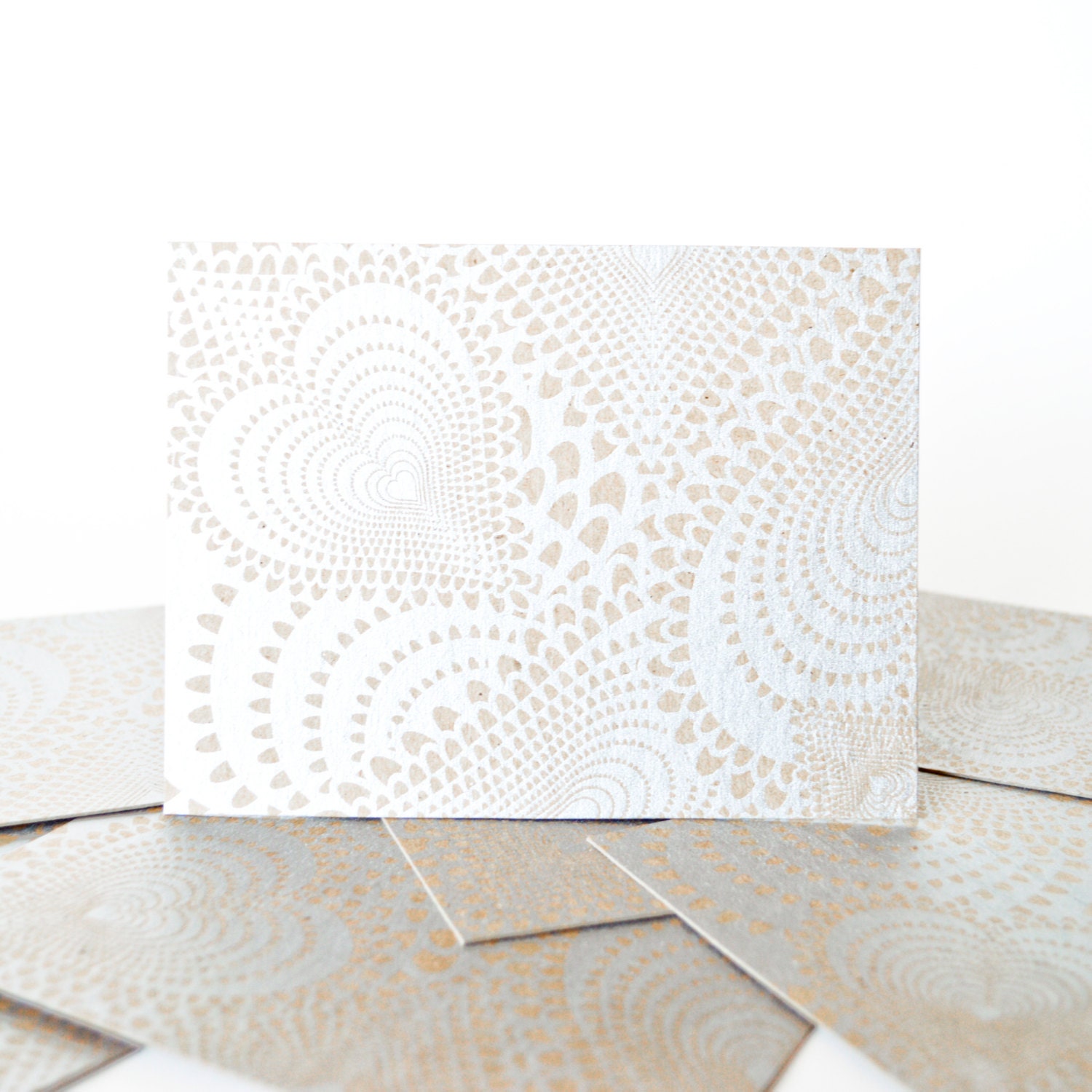 Valentine Card Postcard Set of 8, Silver Lace Heart Silkscreen Pattern, Valentine's Day Love & Romance