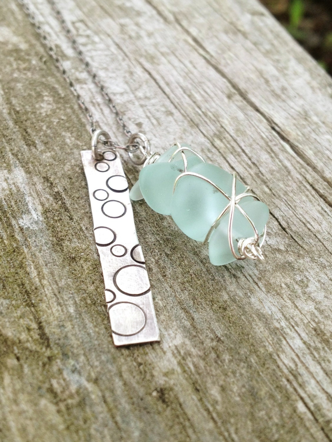 Bubbles and Beach Glass Necklace, Aqua Blue wire-wrapped Sea Glass and Sterling Silver Hand Stamped Charms