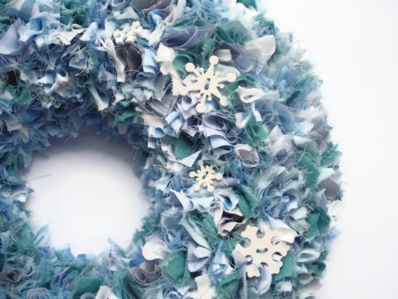 winter blue snowy christmas wreath embellished with snowflake buttons