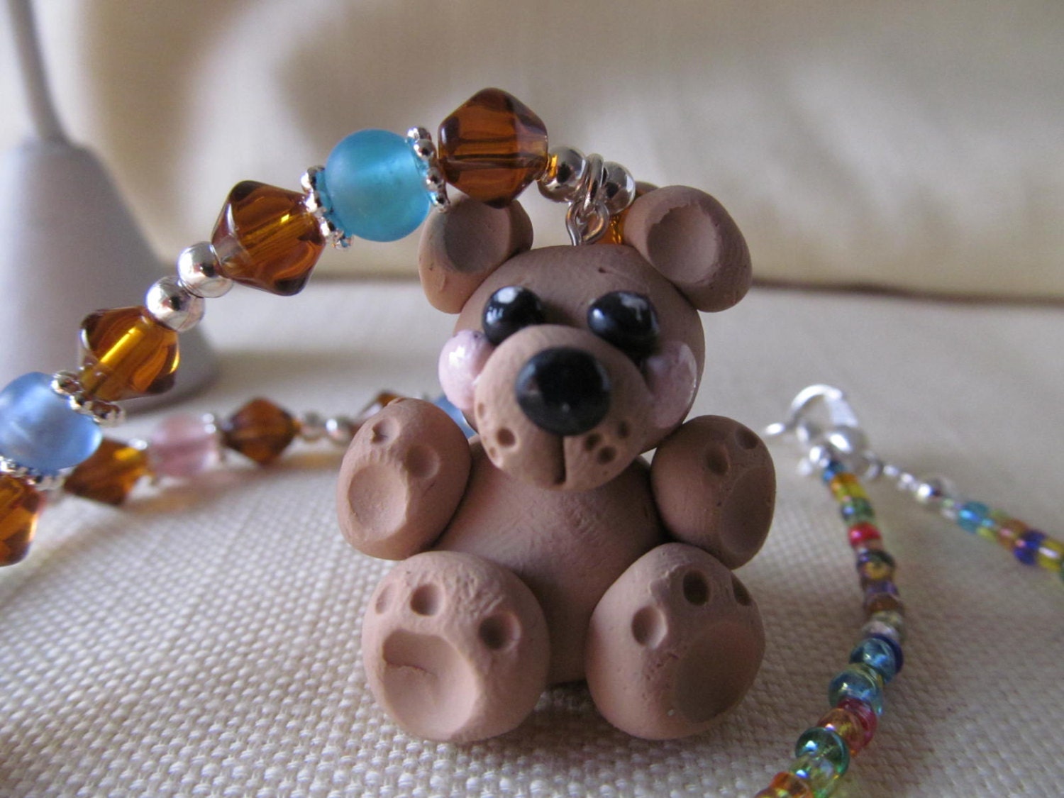Handmade For You 3 piece Girls Silver Jewelry Set Polymer Clay Brown Teddy Bear Beaded Necklace Bracelet and Earrings Rainbow Glass