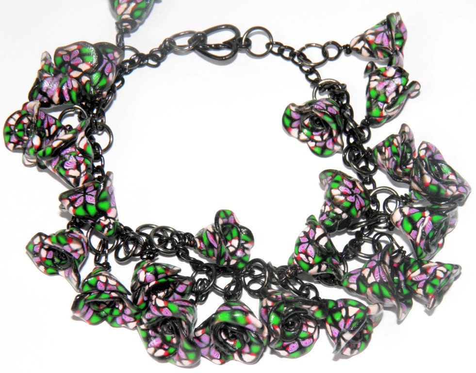 Rose Charm Bracelet, OOAK (One of a Kind), Green Pink Purple Black Kaleidoscope Cane, Unique Floral Jewellery