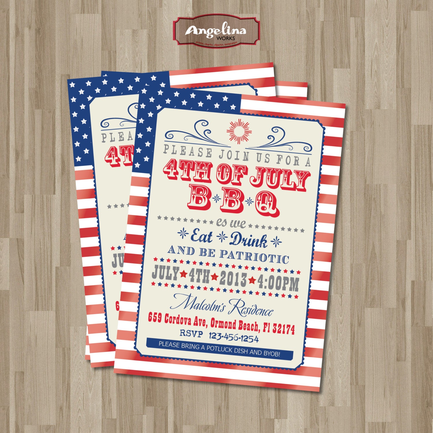 4th of July BBQ Invitation. DIY card. Patriotic.Digital Printable card 5x7inch
