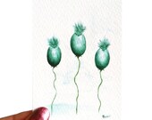 Teal Flower ACEO Watercolor Painting Giclee Print Fine Art Archival Original Blue Mint Turquoise Abstract Modern Spring Home Decor