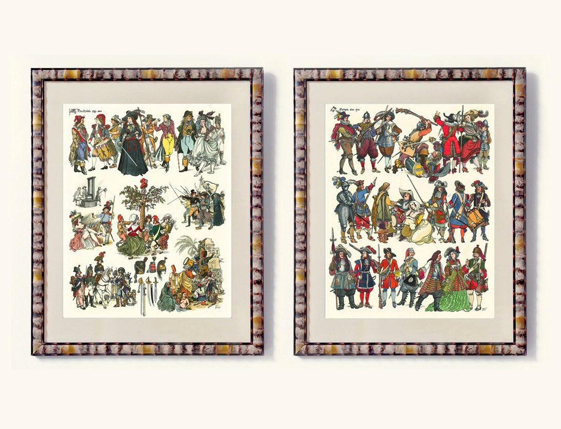 Any Two 11x14 fine art prints from original graphic series - wall art - home decor - historical costumes - save 20% on set of 2