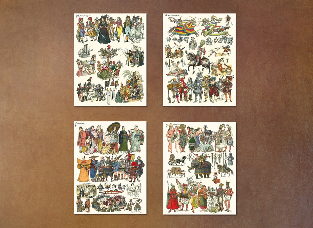 Any Four 11x14 fine art prints from original graphic series - home decor - historical costumes - save 30% on set of 4 - free shipping