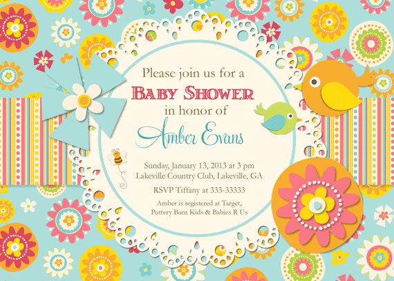 Busy Floral with Birds Baby Shower Invitation - Printable Il_570xn