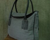 Dark Blue Striped Cotton Canvas Women Tote Bag/ Shoulder Bag/ Handbag/Market Bag/Travel Bag/Everyday Bag/Diapers Bag/Book Bag - B016