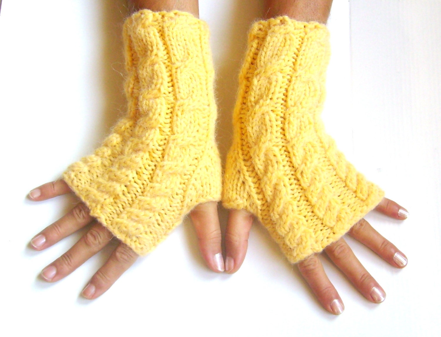 Fingerless gloves yellow cable  gloves cozy gloves free shipping
