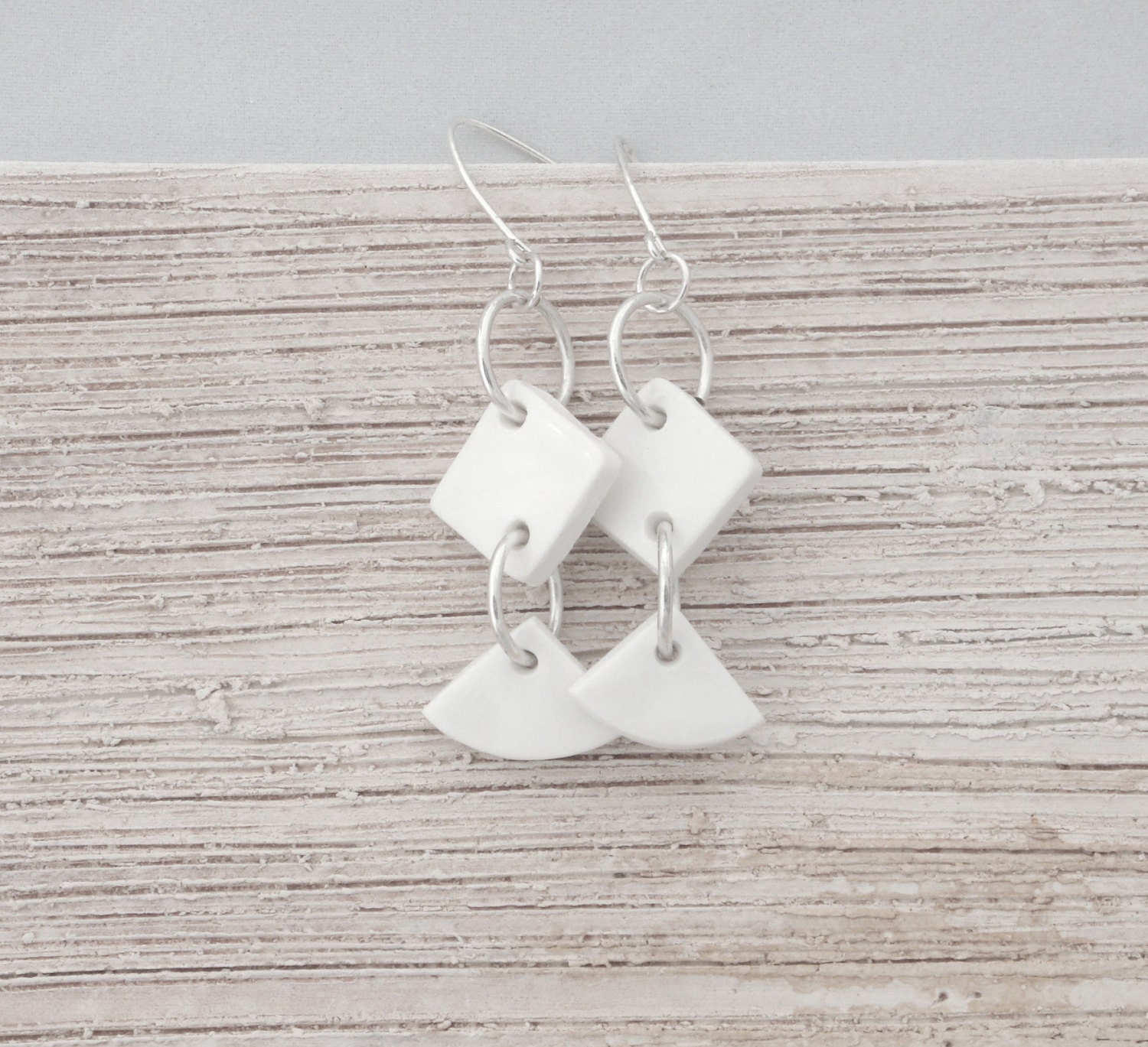Geometric earrings,White Porcelain, Sterling Silver ,Minimalist Modern Ceramic jewelry