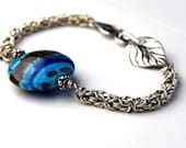 sterling silver lampwork chainmaille bracelet, blue glass bead silver bracelet