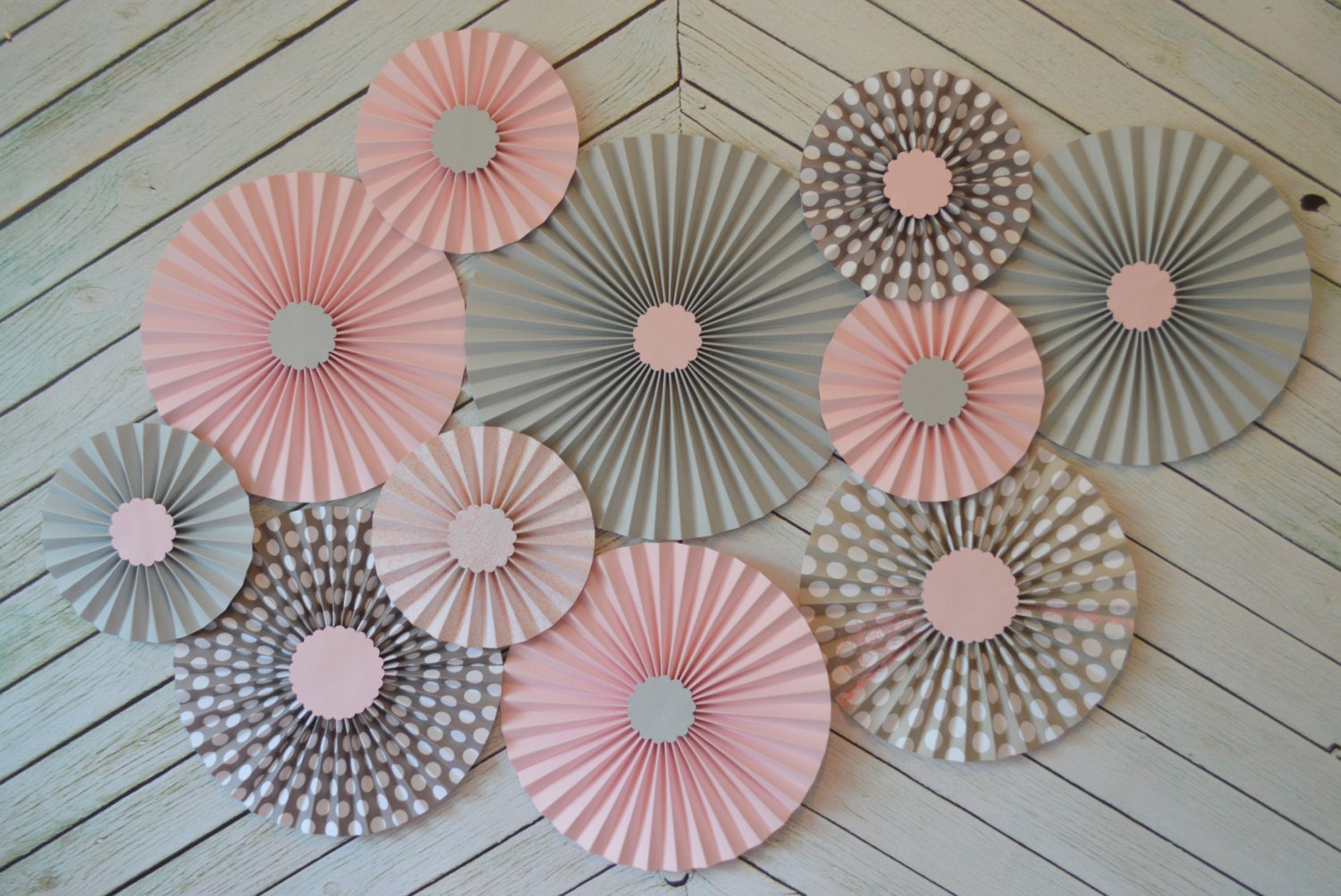 Set of 11 (ELEVEN) Pink, Grey and Polka Dot  paper fans/rosettes, decorations for Girl Baby Shower,Birthday Party or Wedding