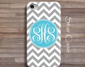 Personalized Monogrammed iPhone 4/ 4s and 5 Case - Gray Chevron With Blue Monogram Initials iPhone Hard Case- Cell Phone Gray Geometric
