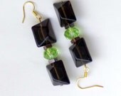 Chunky Smoky Grey Chartreuse Earrings/ Czech Glass Beads Swarovski Crystals/ Geometrical Modern Sparkling Festive / OOAK Unique