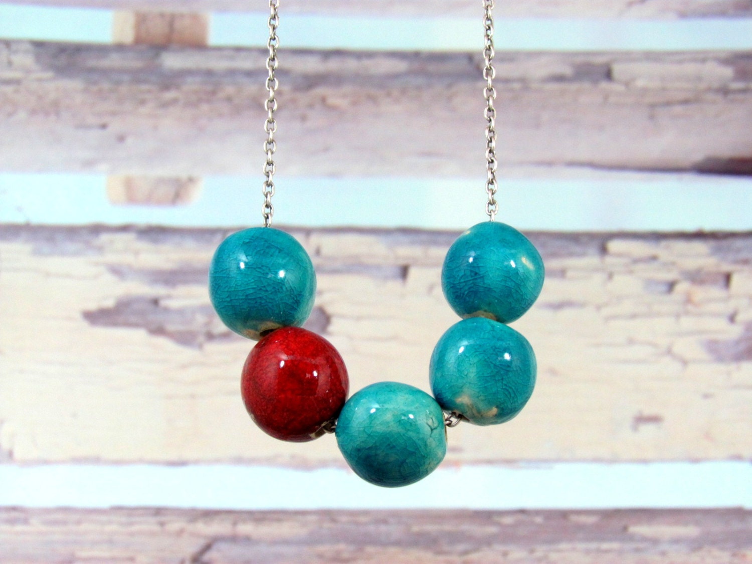 Ceramic jewelry - Balls necklace in turquoise and red
