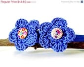 Birthday Sale Purple Crochet flowers headband - 2 flowers with painted wooded buttons - gift idea for girls/toddler/flower girl/hair access