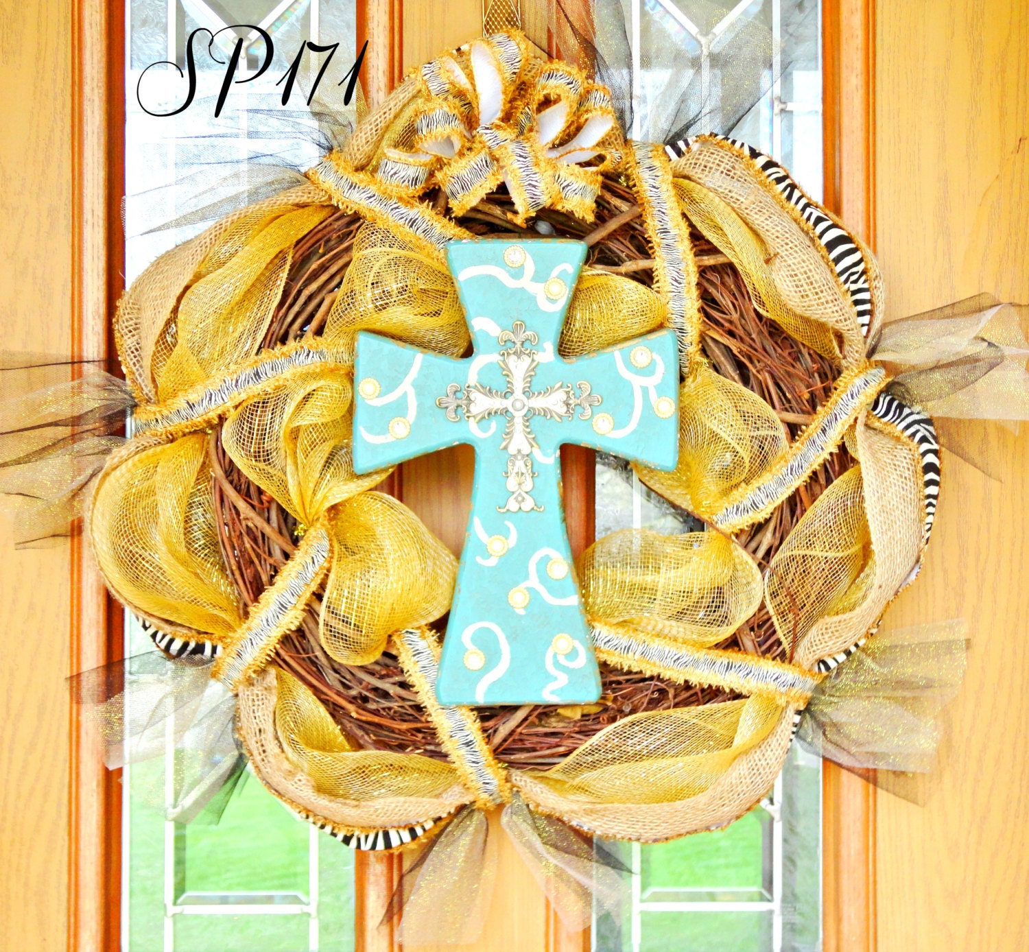 Animal Print Deco Mesh (Gold) Cross Wreath - Home Decor - Mother's Day