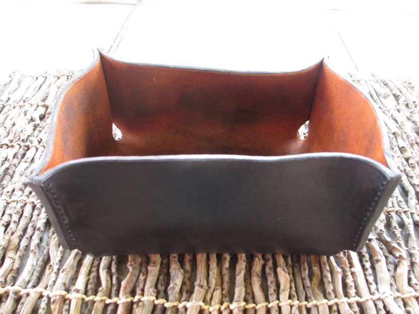 Molded Leather Box. Dresser, Desk Accessory. Black and Brown Hand Dyed and Stiched Leather Vessel.