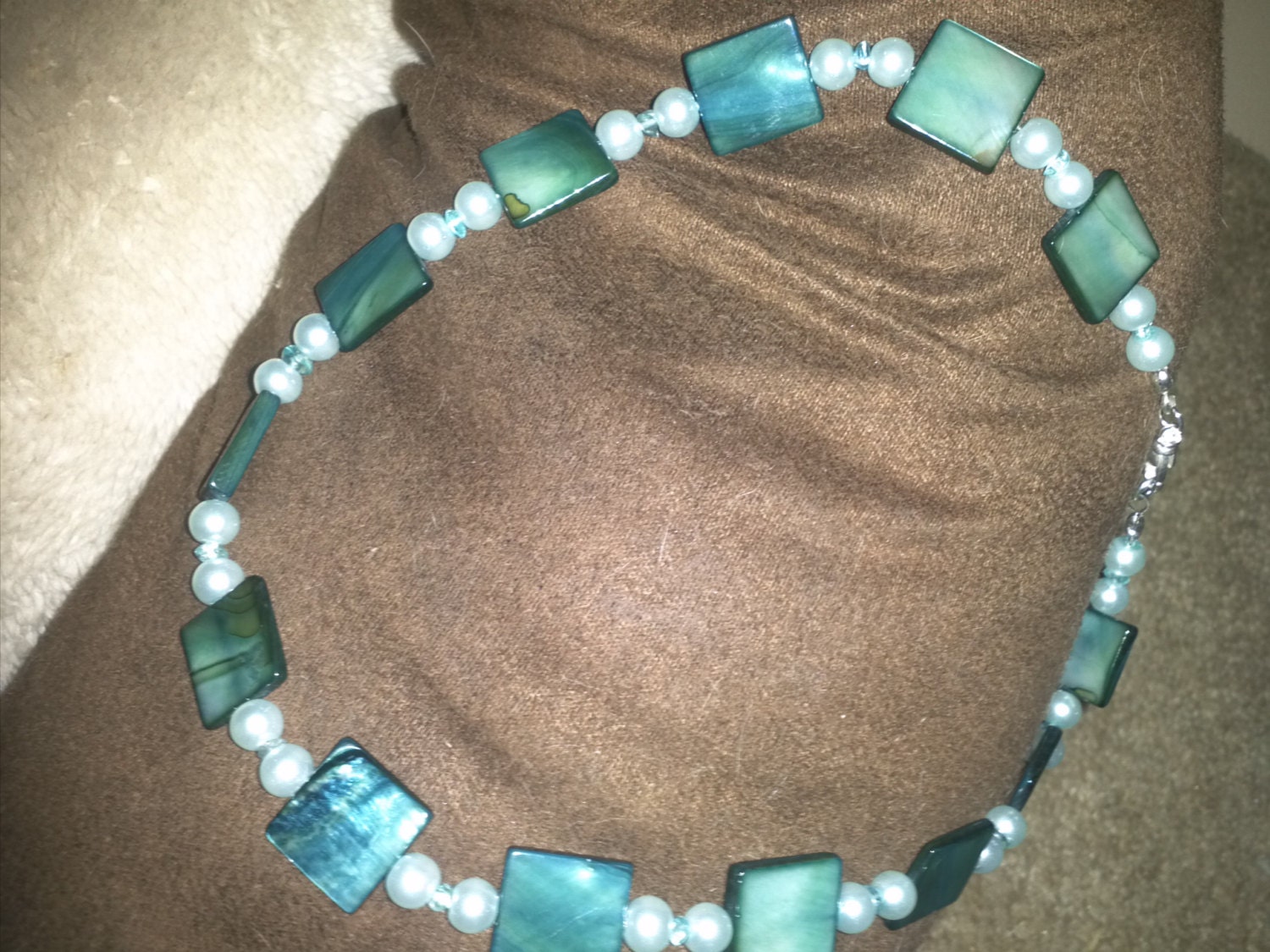 Green Gemstone and Pearl Necklace, Beadwork, Jewelry, Glass Beads, Gemstones, For Her, Gift