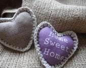 Heart shaped "Home Sweet Home" ornaments,,home decor ,favor ,purple,beige colours ,crochet edge.MOTHERS DAY gift,Set of 2