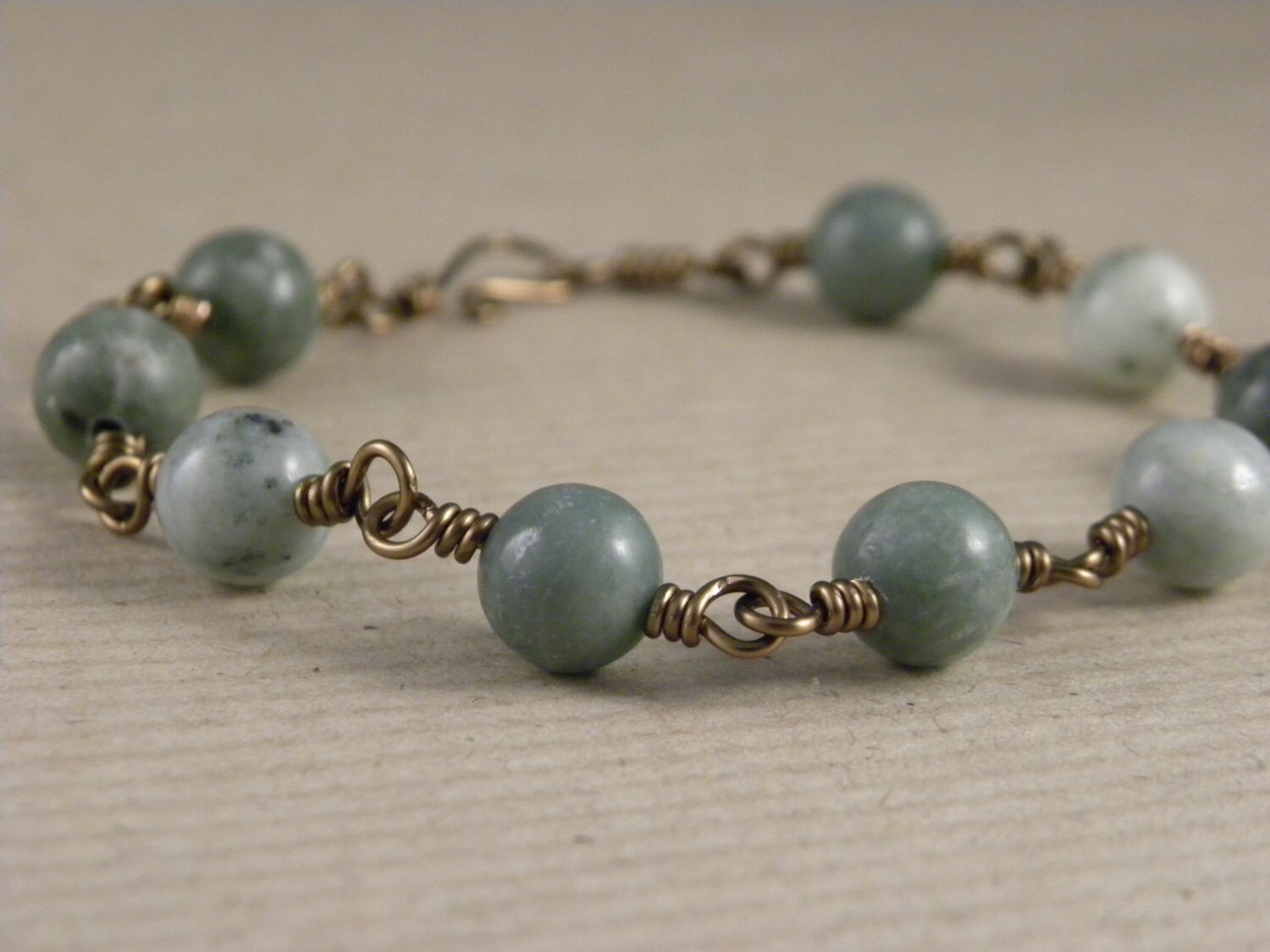 African Jade Bracelet.  Wire Wrapped Bracelet.  Vintage Bronze Bracelet.  Semi Precious Beads.  Handmade.