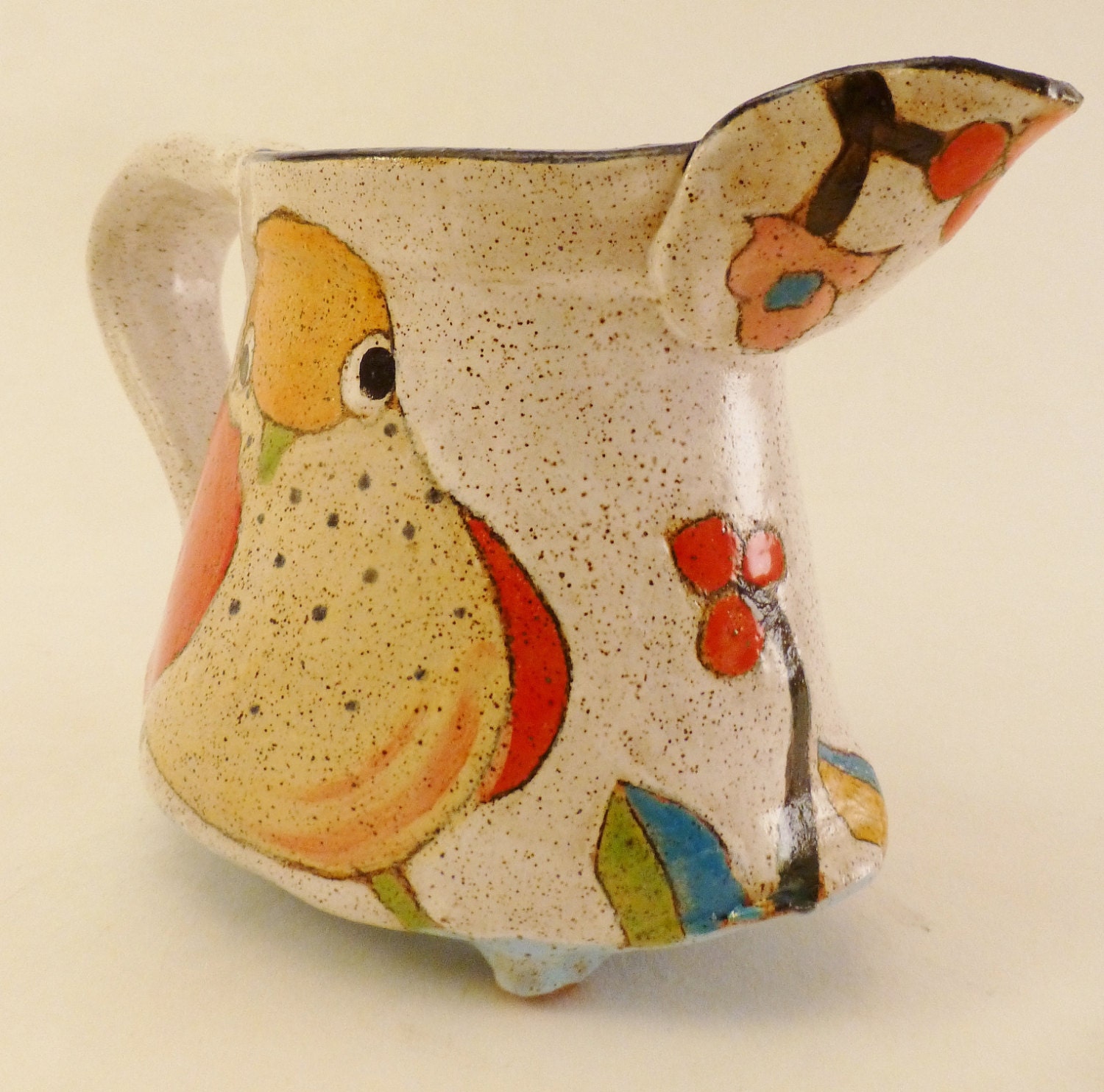 Handpainted 'Flowers, Birds & Berries' Small Stoneware Pitcher
