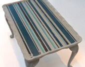 Upcycled Coffee Table with Funky Distressed Deep and Light Turquoise, Grey and Black Stripes