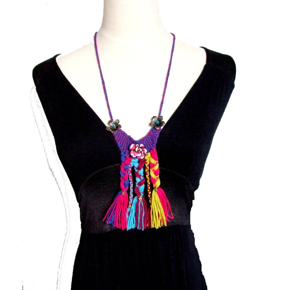 handmade knitted pendant bib statement necklace large beaded jewelry woman one of a kind OOAK oversized