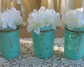 Mason Jars, Ball jars, Painted Mason Jars, Flower Vases, Rustic Wedding Centerpieces, Turquoise