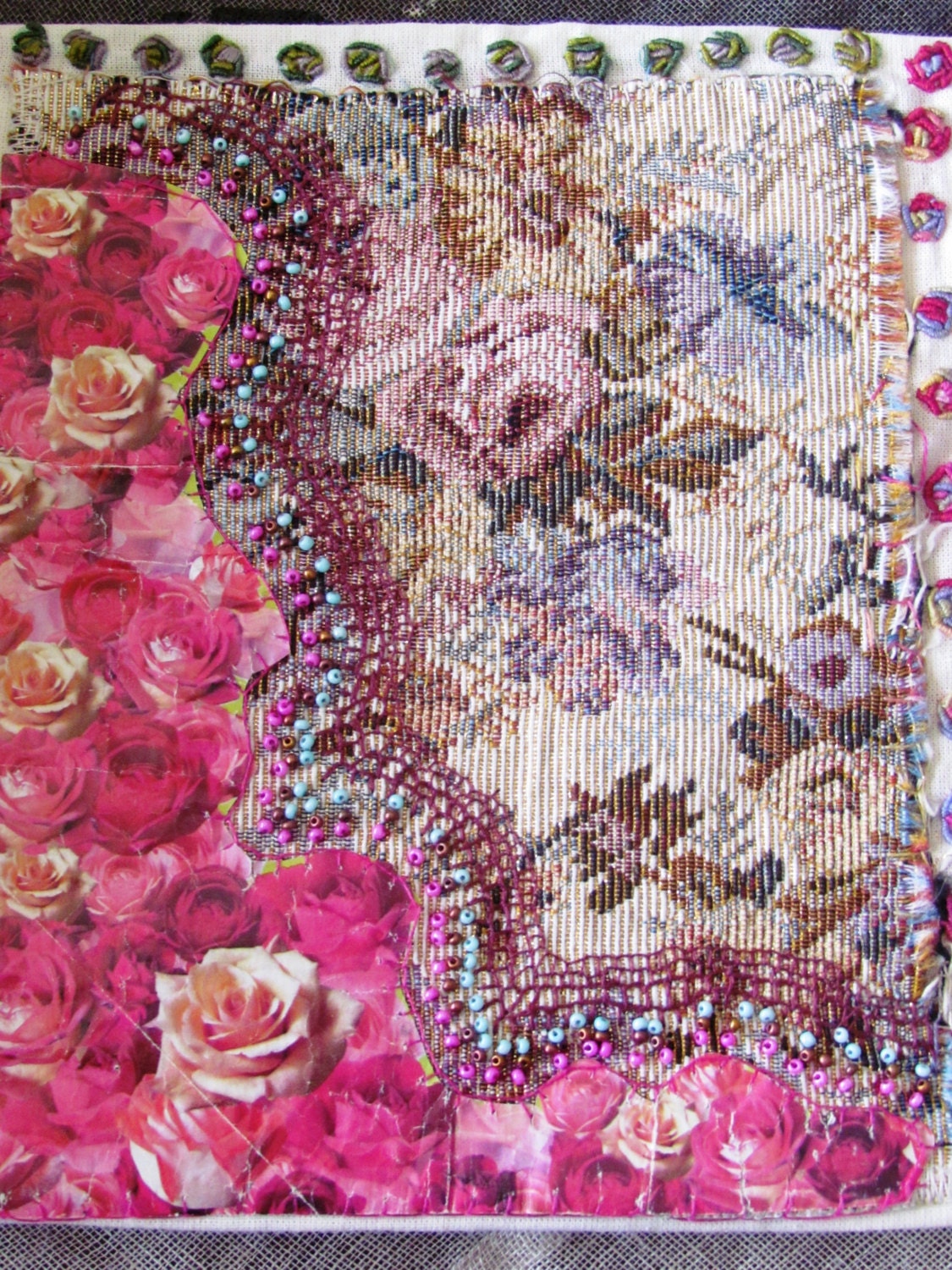 LITTLE ROSES, hand embroidery, mixed media, wall hanging, home decor, OOAK