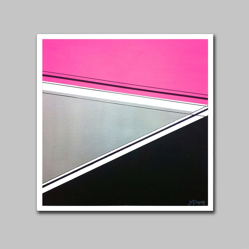 Original abstract painting on paper. Geometric with pink, silver, and black. - JoDiquez