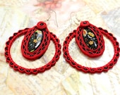 Gypsy Hand Embroidered Soutache Earrings in Poppy Red - OOAK - Herinia