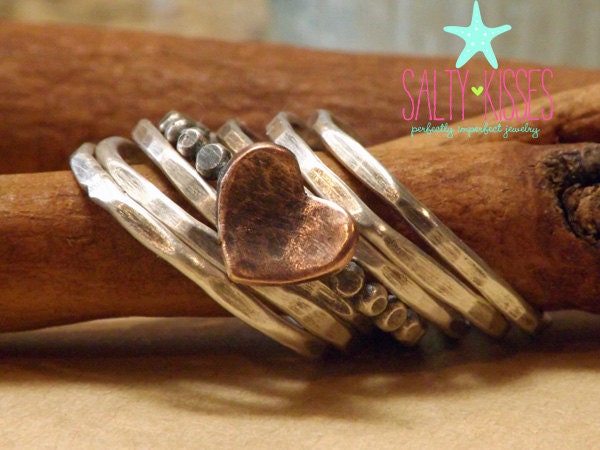 Sterling silver beaded polka dot stacking ring with hammered copper heart and sterling stackers set of 7