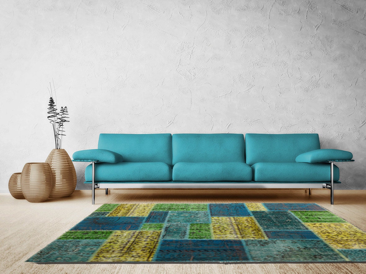 Multi-Color Over Dyed Patchwork Rug 8.0 x 5.3 feet ( 240 x 160 cm) Handmade from rectangular tiles of Vintage Turkish Rugs-MA471
